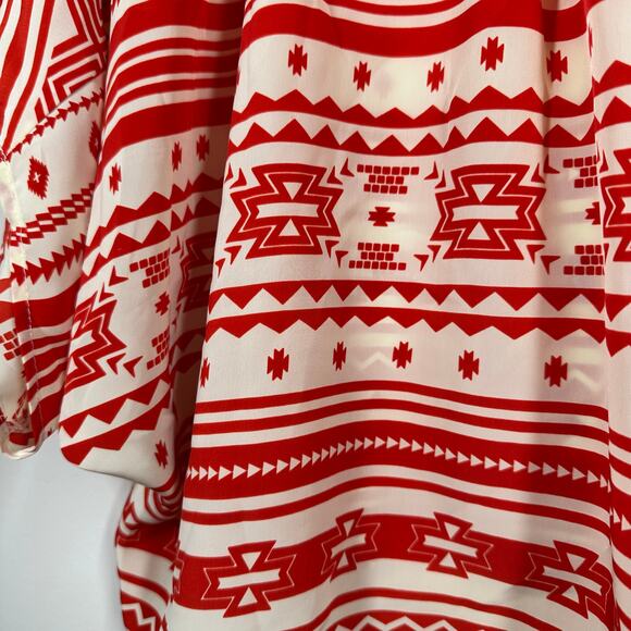 VERY J Red White Tribal Print Short Sleeve Button Down Blouse L - Picture 3 of 6